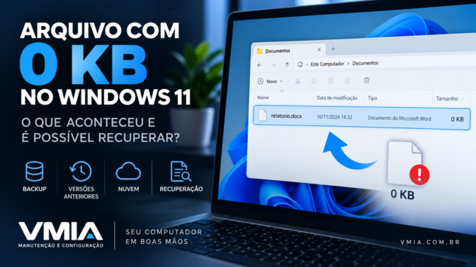 Arquivo com 0 KB no Windows 11 mostrando documento vazio e opções de recuperação de dados