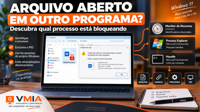 Arquivo aberto em outro programa no Windows 11 mostrando como descobrir qual processo está bloqueando o arquivo