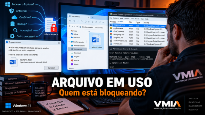 Arquivo em uso no Windows 11 com Process Explorer e Handle identificando qual processo está bloqueando o arquivo