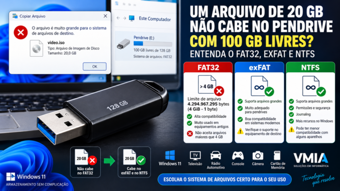 Arquivo de 20 GB não cabe em pendrive com 100 GB livres por causa do limite do FAT32, com comparação entre FAT32, exFAT e NTFS