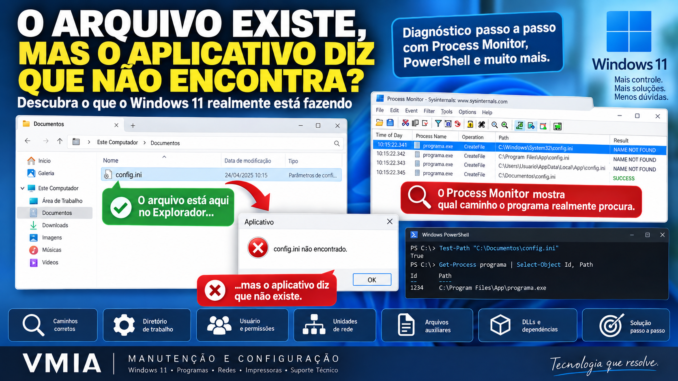 Arquivo existe no Windows 11, mas aplicativo diz que não encontra, com diagnóstico usando Process Monitor, PowerShell, caminhos, permissões e dependências