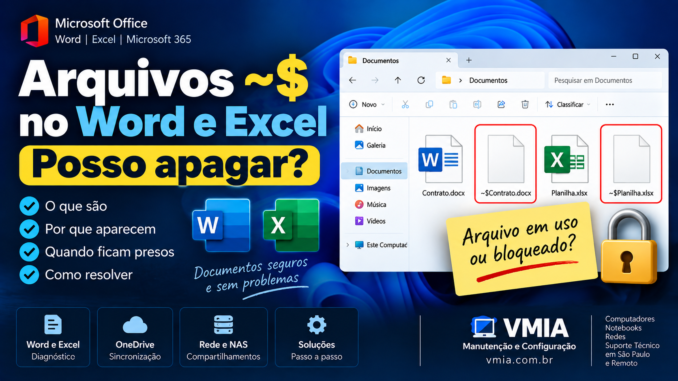Arquivos ~$ do Word e Excel mostrando documento temporário e mensagem de arquivo bloqueado para edição