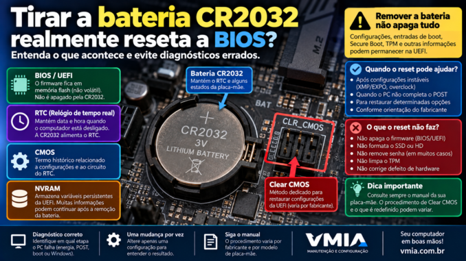 Bateria CR2032 da placa-mãe e Clear CMOS para resetar configurações da BIOS e UEFI