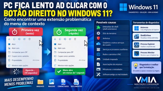 Botão direito lento no Windows 11 com menu de contexto demorando para abrir e diagnóstico de shell extensions, DLLs e Explorer