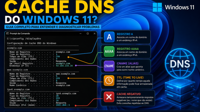 Cache DNS do Windows 11 mostrando registros DNS, TTL e o comando ipconfig /displaydns