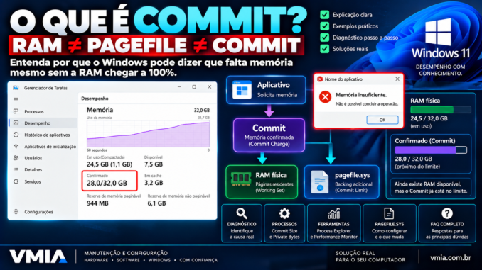 Commit no Windows 11 mostrando memória Confirmado, RAM física, pagefile.sys, Commit Charge e Commit Limit no Gerenciador de Tarefas