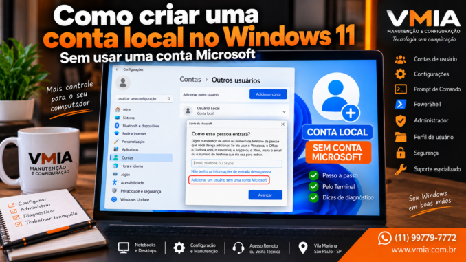 Como criar uma conta local no Windows 11 sem usar uma conta Microsoft pelas Configurações do sistema.