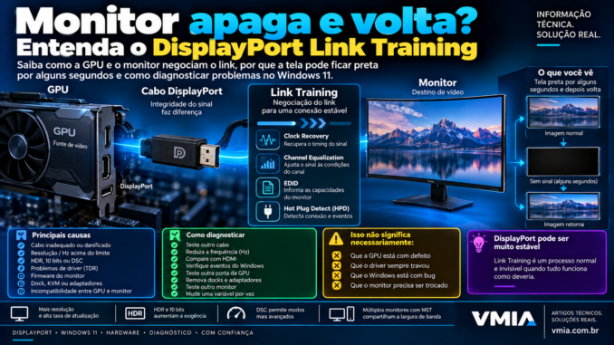 DisplayPort Link Training mostrando GPU, cabo DisplayPort e monitor que apaga por alguns segundos e volta no Windows 11
