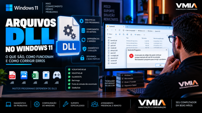 Arquivos DLL no Windows 11 mostrando bibliotecas do sistema, dependências e erros como DLL não encontrada e 0xc000007b