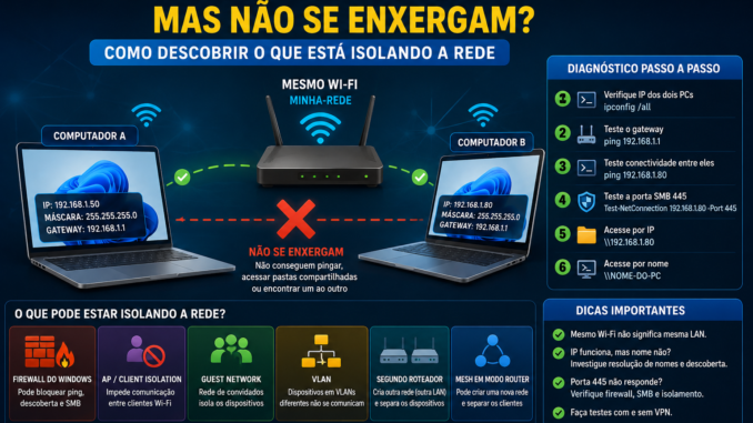 Dois computadores no mesmo Wi-Fi não se enxergam com diagnóstico de IP, firewall, AP Isolation, VLAN, Guest Network e Mesh