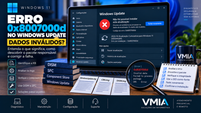 Erro 0x8007000d no Windows 11 durante falha do Windows Update ao processar dados ou pacotes considerados inválidos.