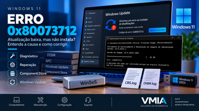 Erro 0x80073712 no Windows 11 com falha no Windows Update e diagnóstico do Component Store usando DISM, SFC e CBS.log.