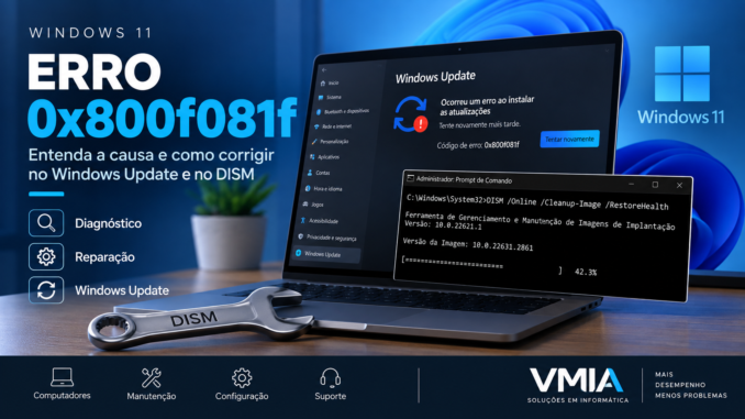 Erro 0x800f081f no Windows 11 durante o Windows Update e reparação do sistema com o comando DISM RestoreHealth.