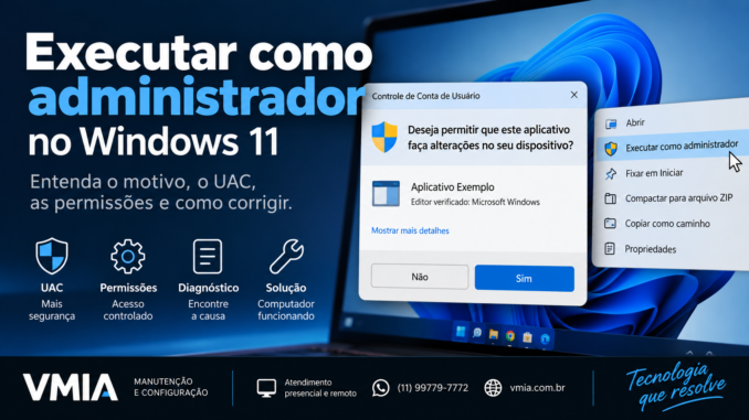 Executar como administrador no Windows 11 com janela do UAC, permissões e Controle de Conta de Usuário