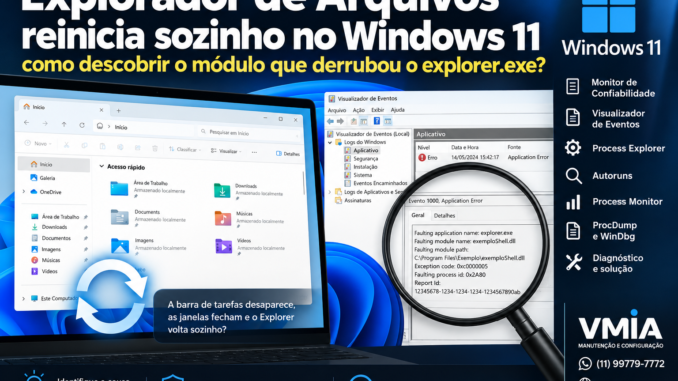 Explorador de Arquivos reinicia sozinho no Windows 11 com módulo responsável pela falha do explorer.exe identificado no Visualizador de Eventos