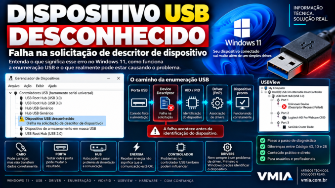 Falha na solicitação de descritor de dispositivo USB no Windows 11 mostrando enumeração, VID, PID, driver e diagnóstico com USBView
