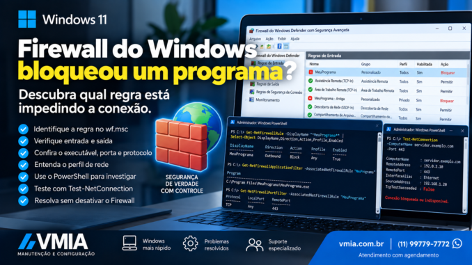 Firewall do Windows bloqueou um programa no Windows 11 mostrando regras de entrada, PowerShell e Test-NetConnection para diagnosticar a conexão.