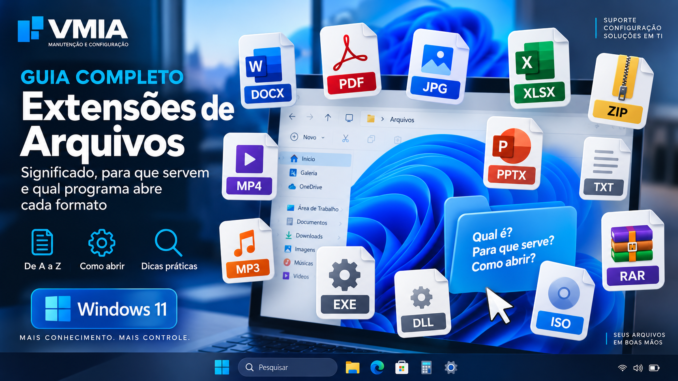 Guia completo de extensões de arquivos no Windows 11 com exemplos de PDF, DOCX, JPG, XLSX, ZIP, MP4, MP3, EXE, DLL, ISO e RAR.