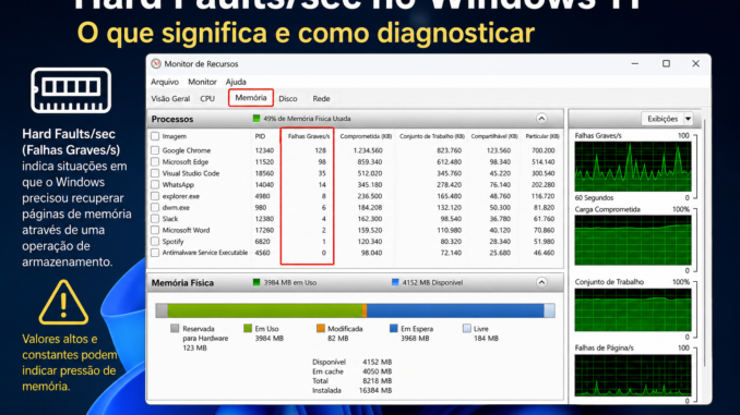 Hard Faults/sec no Windows 11 no Monitor de Recursos mostrando Falhas Graves por segundo e uso da memória RAM