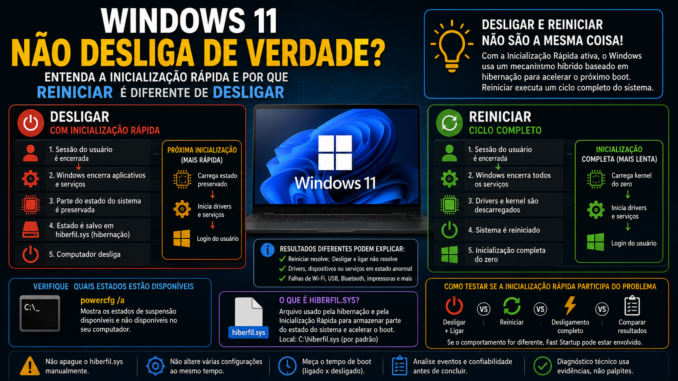 Inicialização Rápida no Windows 11 mostrando a diferença entre Desligar e Reiniciar, Fast Startup, hiberfil.sys e desligamento completo