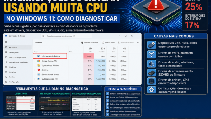 Interrupções do Sistema usando muita CPU no Windows 11 com Gerenciador de Tarefas e ferramentas para diagnosticar drivers e hardware