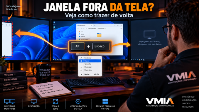 Janela fora da tela no Windows 11 mostrando como recuperar o programa com Alt + Espaço e a opção Mover