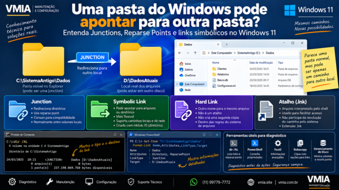 Junction no Windows 11 apontando uma pasta para outro local, com comparação entre Reparse Point, Symbolic Link, Hard Link e atalho