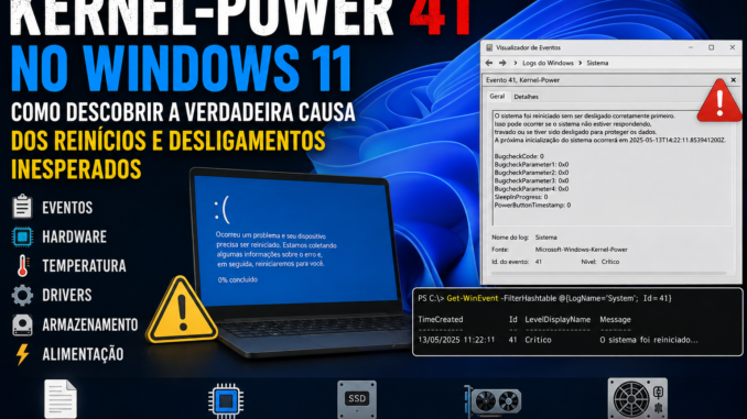 Kernel-Power 41 no Windows 11 com Visualizador de Eventos e diagnóstico de reinícios inesperados