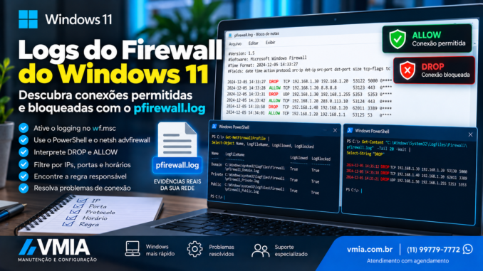 Logs do Firewall do Windows 11 mostrando pfirewall.log, conexões DROP e ALLOW e análise com PowerShell.