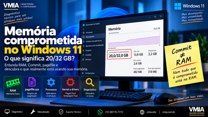 Memória comprometida no Windows 11 mostrando 20/32 GB no Gerenciador de Tarefas e diferença entre Commit e RAM