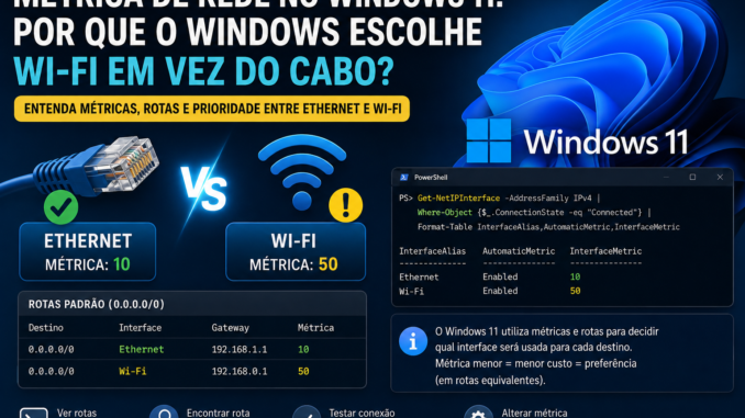 Métrica de rede no Windows 11 mostrando prioridade entre Ethernet e Wi-Fi