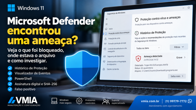Microsoft Defender encontrou uma ameaça no Windows 11 mostrando o Histórico de Proteção e arquivo colocado em quarentena.