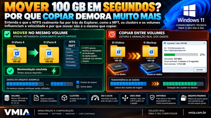 Mover arquivo de 100 GB no Windows 11 mostrando diferença entre mover no mesmo volume NTFS e copiar dados entre volumes diferentes