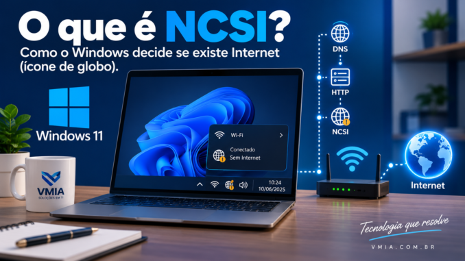 NCSI no Windows 11 mostrando ícone de globo e diagnóstico de conexão sem Internet
