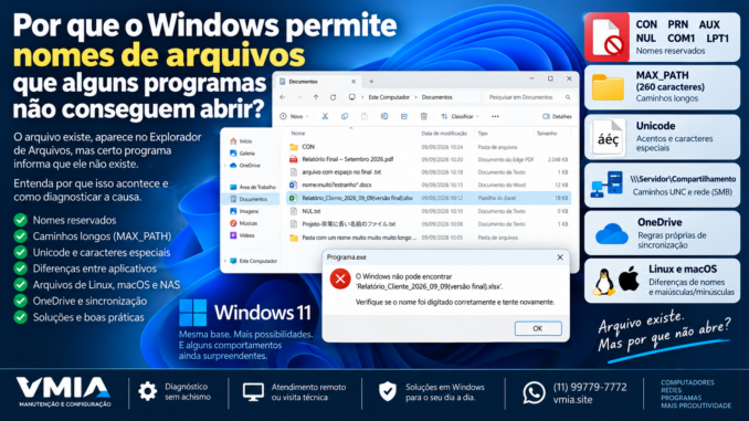 Nomes de arquivos no Windows 11 que alguns programas não conseguem abrir por limitações de caminho, Unicode e nomes reservados