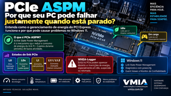 PCIe ASPM no Windows 11 mostrando estados L0, L1, SSD NVMe e gerenciamento de energia do PCI Express