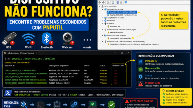 PnPUtil no Windows 11 mostrando dispositivos problemáticos com Instance ID, Status e Problem Code