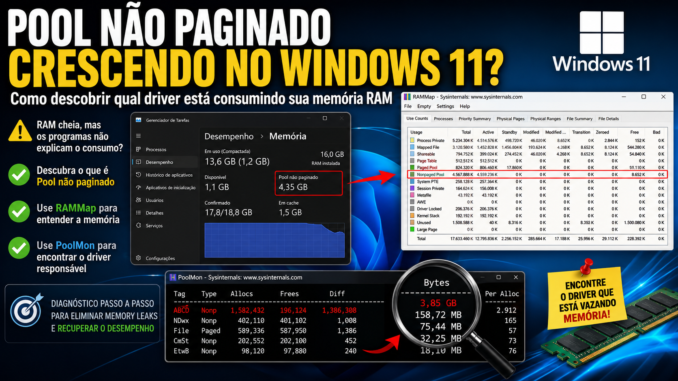Pool não paginado crescendo no Windows 11 com RAMMap e PoolMon identificando driver que consome memória RAM