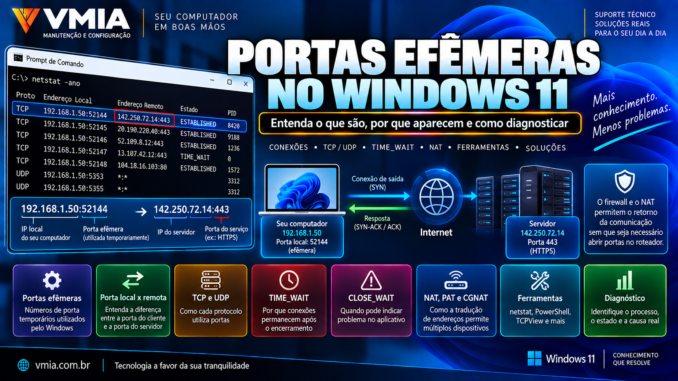 Portas efêmeras no Windows 11 mostrando conexões TCP e UDP, porta local e remota, TIME_WAIT, CLOSE_WAIT, NAT e ferramentas de diagnóstico