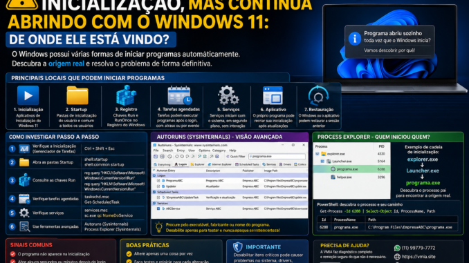 Programa abre sozinho no Windows 11 mostrando Startup, Registro, tarefas agendadas, serviços, Autoruns e Process Explorer para descobrir a origem
