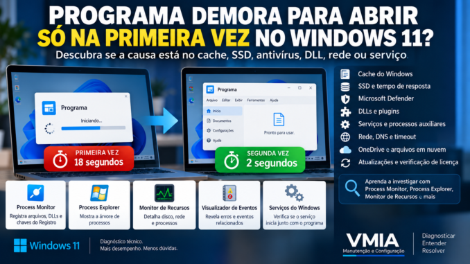 Programa demora para abrir na primeira vez no Windows 11 e abre rápido na segunda, com diagnóstico de cache, SSD, antivírus, DLLs e rede