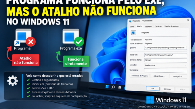 Programa funciona pelo EXE, mas o atalho não funciona no Windows 11 com análise do Destino, Iniciar em, argumentos e permissões