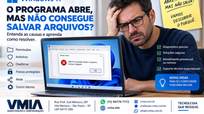 Programa não consegue salvar arquivos no Windows 11 por problemas de permissões, antivírus, OneDrive ou pastas protegidas.