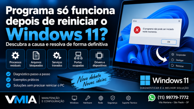Programa só funciona depois de reiniciar o Windows 11 com diagnóstico de processos residuais, arquivos bloqueados, serviços travados, portas e drivers
