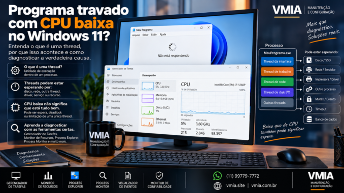 Programa travado com CPU baixa no Windows 11 mostrando threads, Gerenciador de Tarefas e possíveis estados de espera