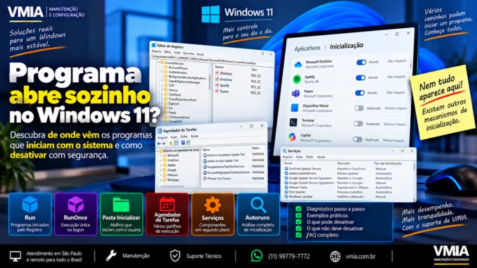 Programa abre sozinho no Windows 11 mostrando Run, RunOnce, pasta Inicializar, Agendador de Tarefas, Serviços e Autoruns