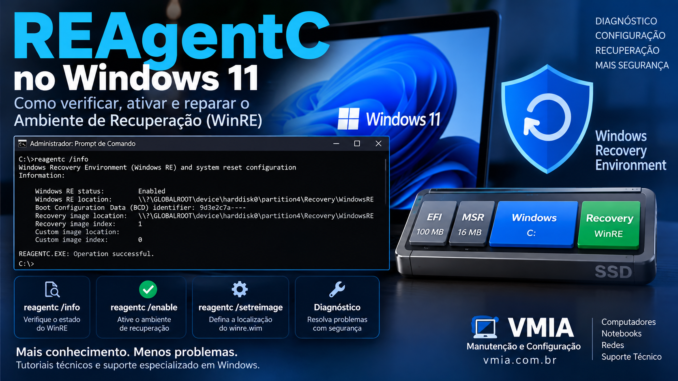 REAgentC no Windows 11 mostrando comandos para verificar, ativar e reparar o ambiente de recuperação WinRE