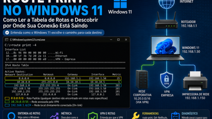 Route Print no Windows 11 mostrando tabela de rotas IPv4, gateway, métricas, VPN e interfaces para diagnóstico de rede