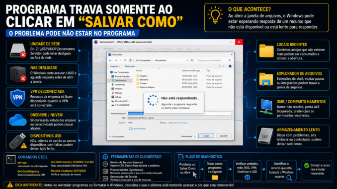 Programa travando ao clicar em Salvar Como no Windows 11 mostrando unidade de rede, NAS, VPN, OneDrive, SMB e Explorer como possíveis causas
