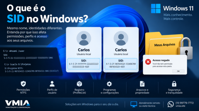 SID no Windows 11 mostrando dois usuários com o mesmo nome, SIDs diferentes e erro de acesso negado em arquivos